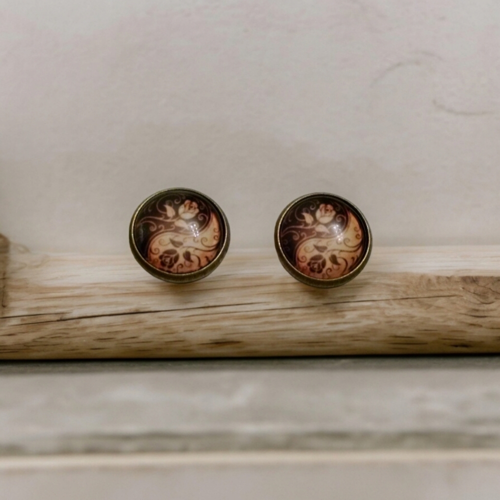 🌟3/$15 Antique Gold Brown Yin Yang Glass Rose Earrings